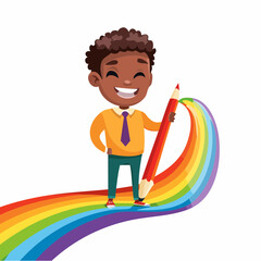 Joyful Visionary: A young individual stands proudly, sketching a vibrant rainbow arc with a giant pencil, in a simple, colorful illustration capturing imagination and creativity.