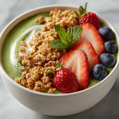 thick matcha smoothie bowl topped with granola and fresh berries, close-up shot, clean white bowl, minimal background