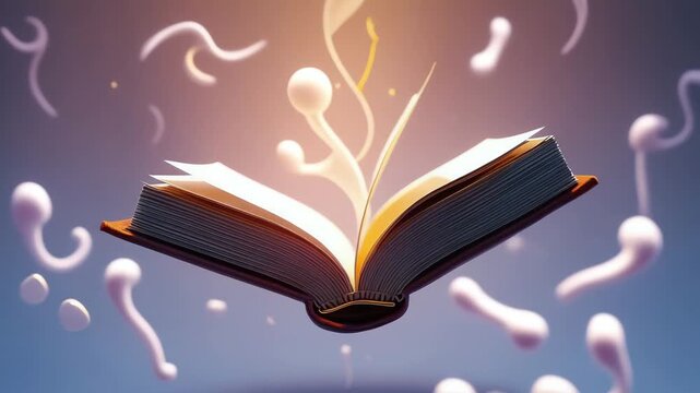 An illuminated open book with abstract floating shapes and dreamlike visuals