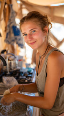 Young woman enjoying summer holidays while washing dishes in a camping, surrounded by the beauty of nature and outdoor living