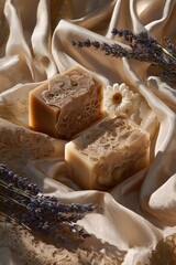 Two bars of light brown soap with delicate lace patterns, displayed on a cream-colored fabric.