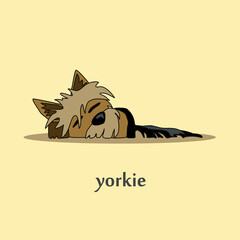 A cheerful cartoon image of a small dog of the Yorkshire terrier breed. Stylized puppy logo. Cute animal emotions.	
