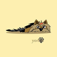A cheerful cartoon image of a small dog of the Yorkshire terrier breed. Stylized puppy logo. Cute animal emotions.	
