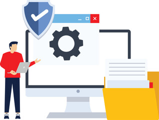 Concept of system security settings, device operating system maintenance, and file management. Illustration of a PC with gears, a shield, and a folder. Symbol or icon. Minimalist design. Graphic.

