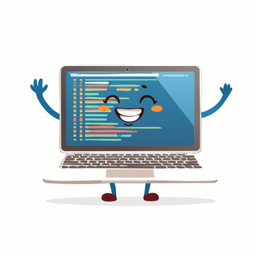 Joyful Coding: A cheerful cartoon laptop computer character comes to life, its screen displaying lines of code and an inviting smile, ready to assist and inspire.