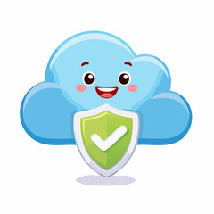 Cloud Security Assurance: An illustrated friendly cloud character proudly displays a security shield, symbolizing data protection and online safety within a digital environment.