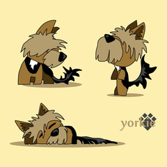 A cheerful cartoon image of a small dog of the Yorkshire terrier breed. Stylized puppy logo. Cute animal emotions.	
