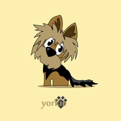 A cheerful cartoon image of a small dog of the Yorkshire terrier breed. Stylized puppy logo. Cute animal emotions.	
