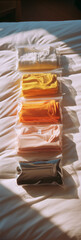 Colorful Folded Fabrics on Bed in Natural Light 