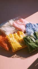 Colorful Packaged T-Shirts on Pink Background 