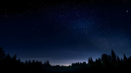 Fototapeta premium Starlit Nightscape: The silhouette of trees meets a vast expanse of a dark blue night sky. Stars twinkle, an endless display of celestial beauty. A moment of peace and wonder.