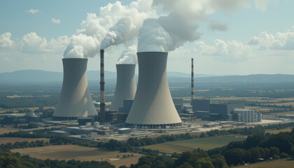 Industrial power generation nuclear plant emissions remote location aerial view environmental impact