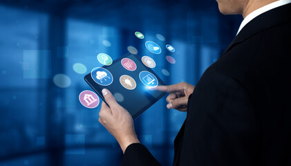 Set of business and digital service icons representing finance, cloud, analytics, email,...