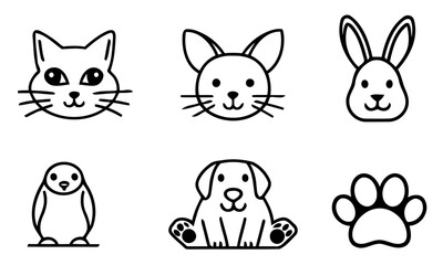 Fototapeta premium Cute hand drawn animal faces and paw print silhouette