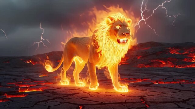 Majestic lion engulfed in fiery energy stands powerfully amidst a volcanic landscape with dramatic lightning strikes illuminating the stormy sky creating an epic, untamed scene.