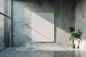 Blank white canvas mockup on a gray concrete wall in a sunlit modern industrial loft with a potted plant.