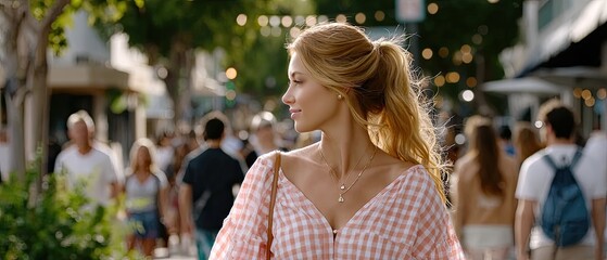 Woman with blonde hair walks down a street, wearing a pink and white gingham shirt as the sun sets, creating a beautiful atmosphere