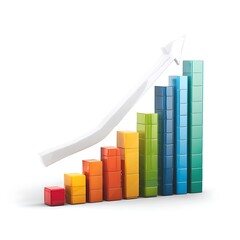 A colorful bar graph made of stacked cubes with a white arrow pointing upwards diagonally