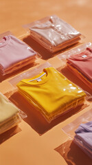 Folded Colorful T-Shirts in Plastic Packaging on Orange Background 
