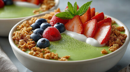 thick matcha smoothie bowl topped with granola and fresh berries, close-up shot, clean white bowl, minimal background