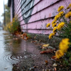 Water droplets falling into a puddle on a city street.