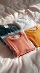 packaged t-shirts on soft bedding 