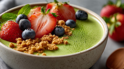 thick matcha smoothie bowl topped with granola and fresh berries, close-up shot, clean white bowl, minimal background