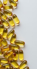 Softgel capsules with golden liquid scattered on neutral background. Omega fish oil or vitamins, vertical backdrop with copy space. Health support concept. Overuse of dietary supplements