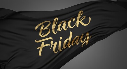Elegant banner for sales on BLACK FRIDAY with golden lettering on black fluttering fabric background. Sales season and discounts in retail, shopping and online markets, seasonal offer