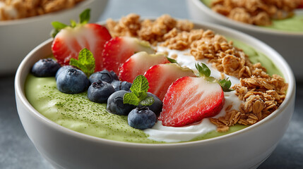 thick matcha smoothie bowl topped with granola and fresh berries, close-up shot, clean white bowl, minimal background