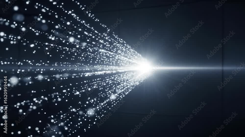 Poster abstract data stream: light particles converging to a bright point on dark background