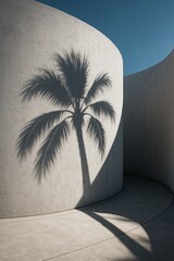 Abstract tropical palm tree shadow on a modern curved concrete wall