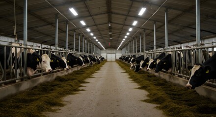 Rows of black and white dairy cows eating hay in a modern, illuminated barn. A look into industrial agriculture and livestock farming.
