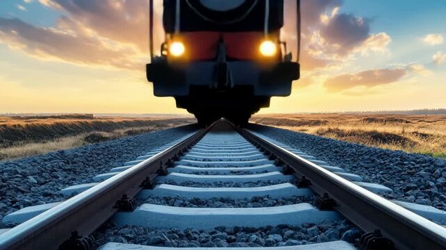 A train approaches on a railway track under a vibrant sunset. The landscape features open fields and a dramatic sky with clouds.