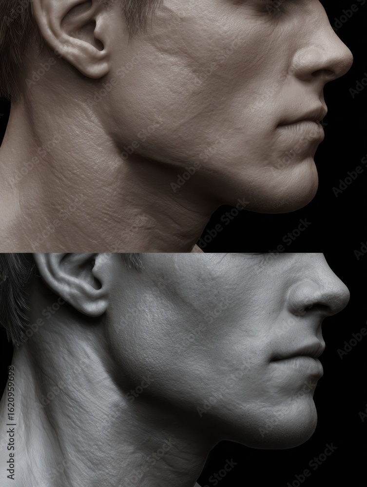 Poster jawline enhancement displayed through detailed 3d render of sculpted models showing before and after