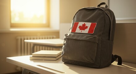 Backpack with canadian flag emblem on school desk with books. Back to school concept, education in Canada. Symbol of Canada, college break, National holiday celebration. Universities in Canada