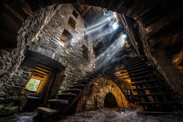 Sunbeams illuminate an ancient stone stairway.