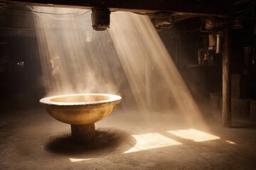 Sunlight streams into a dusty basement, illuminating a large basin.