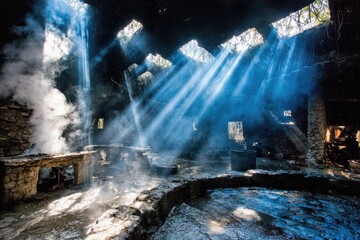 Sunlight streams into a historic, smoky, stone interior.