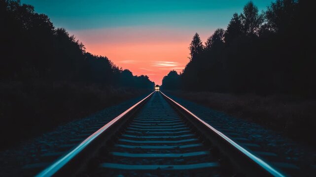 A tranquil sunset over a railway track. The scene features parallel metal rails leading into the horizon, surrounded by dark silhouettes of trees against a colorful sky.