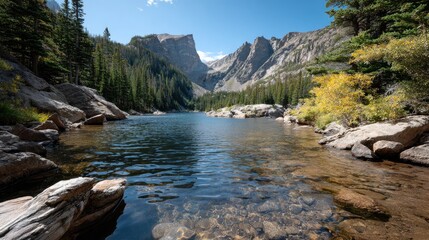 Clear blue skies contrast with towering mountains above Dream Lake, showcasing vibrant fall colors and serene forest landscapes