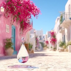 Water droplet resting on a cobblestone street in a picturesque village.