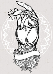 Hand drawn snap finger tattoo design with roses and banner vector illustration for print and tattoo