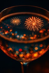 Abstract reflection of urban fireworks in a glass of wine on a festive evening