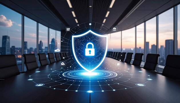 Cyber Security Shield Digital Protection in Modern Boardroom.