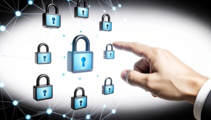 Fototapeta premium Cybersecurity Network Interconnected Padlocks Hand Gesture Digital Security Concept.