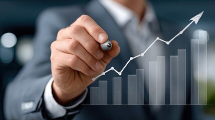 Business professional sketches a growth trend line on a digital display, emphasizing success and future financial strategies