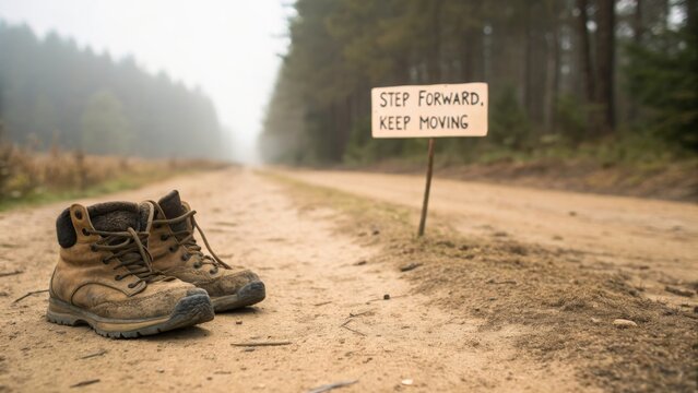 Hiking Boots on Path with Motivational Sign in Misty Forest - Powered by Adobe