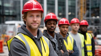 Obraz premium A group of cheerful construction workers stands together wearing red helmets and bright yellow vests in front of a large construction site