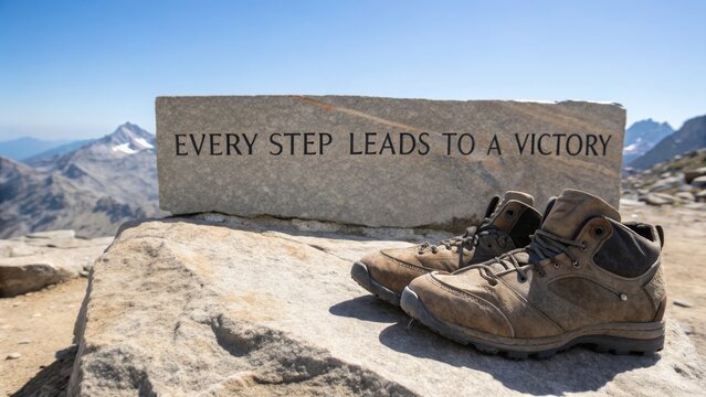Hiking Boots on Stone with Inspirational Quote in Scenic Mountains - Powered by Adobe